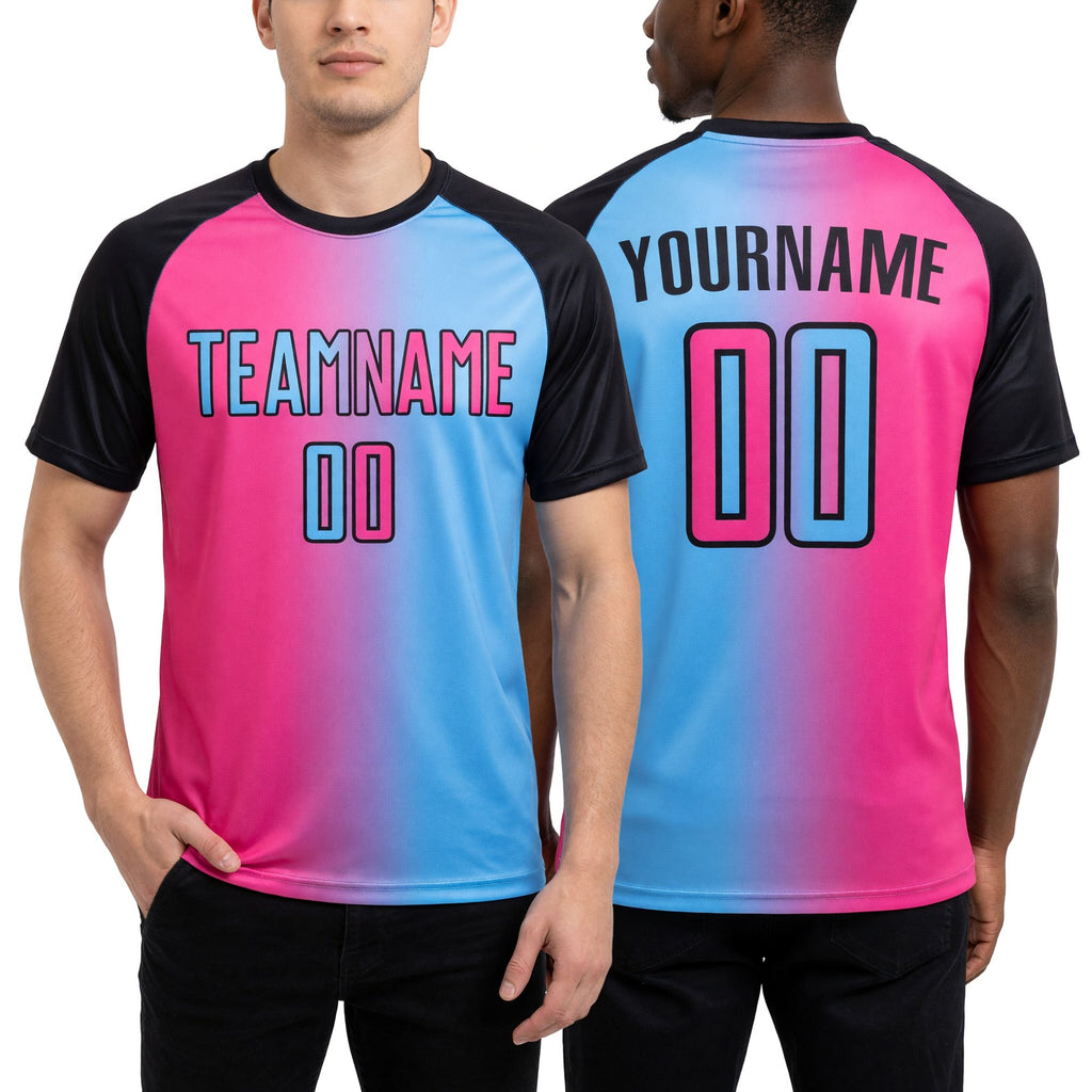 Custom Light Blue Pink-Black Sublimation Gradient Fashion Soccer Uniform Jersey worn front and back