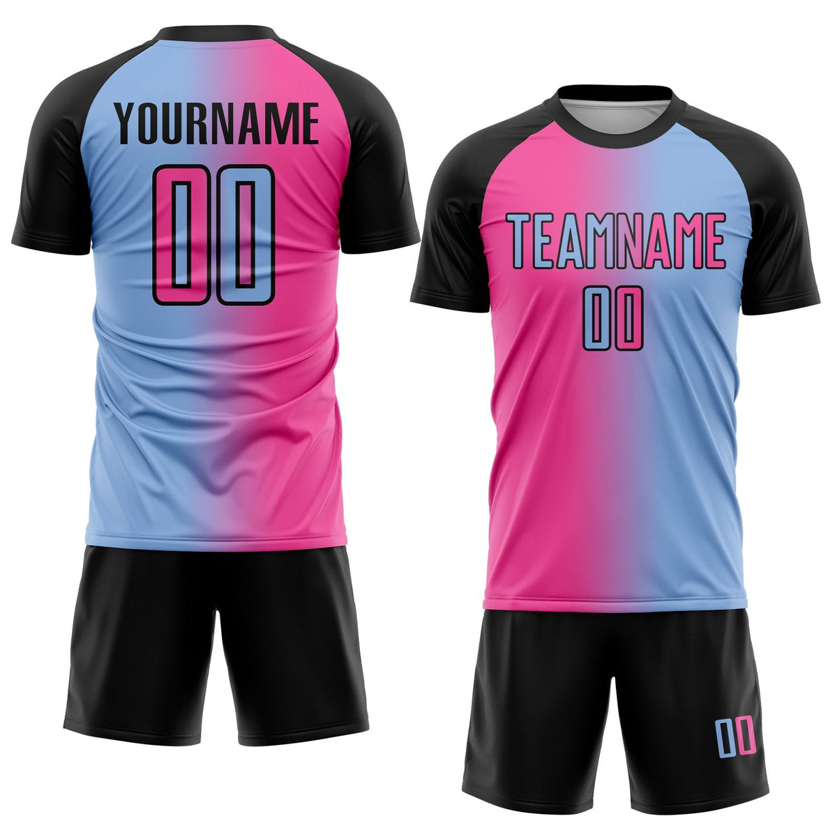 Custom Light Blue Pink-Black Sublimation Gradient Fashion Soccer Uniform Jersey photo 2