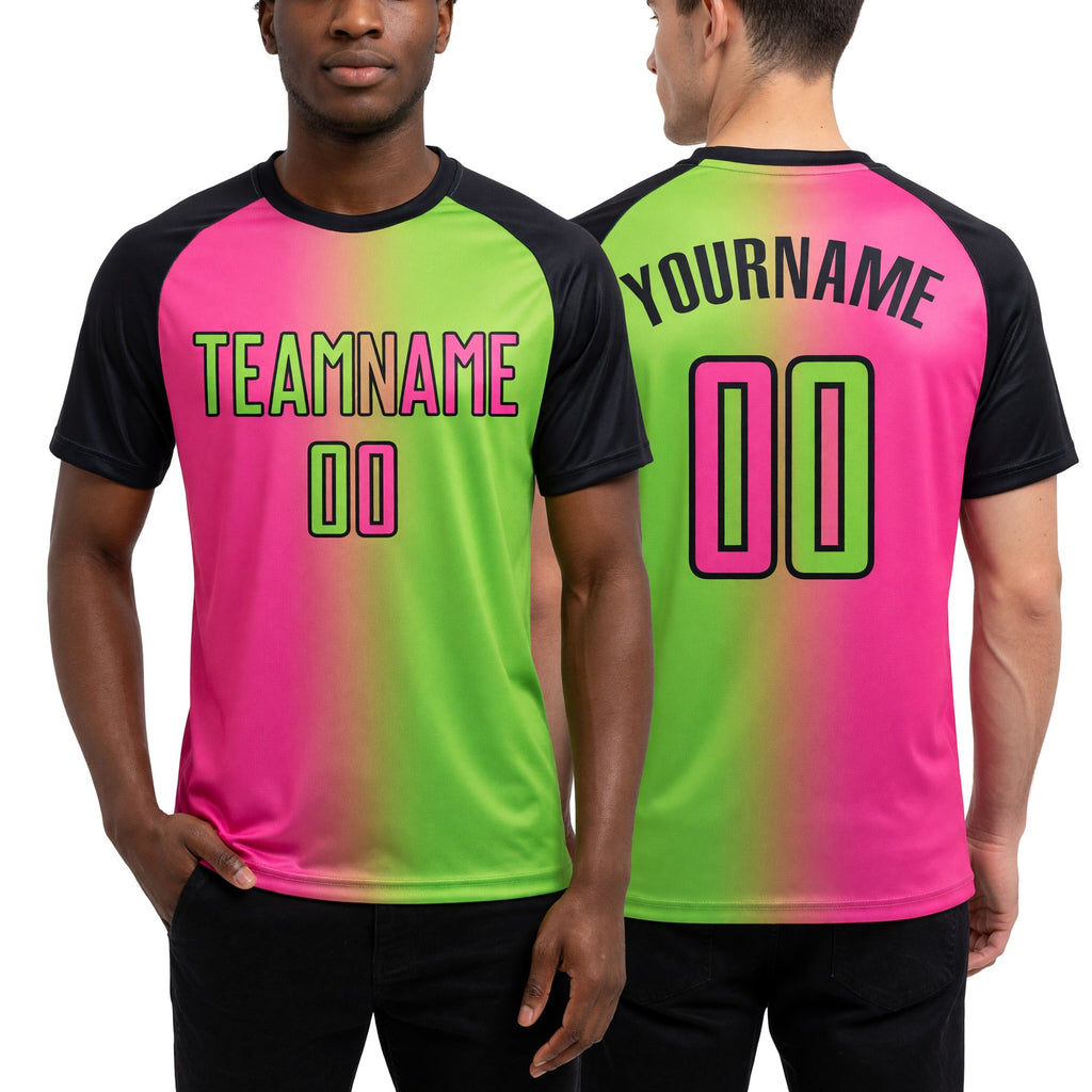 Custom Neon Green Pink-Black Sublimation Gradient Fashion Soccer Uniform Jersey worn front and back