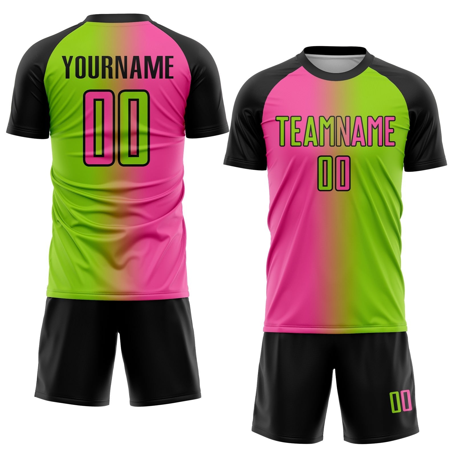 Custom Neon Green Pink-Black Sublimation Gradient Fashion Soccer Uniform Jersey photo 2