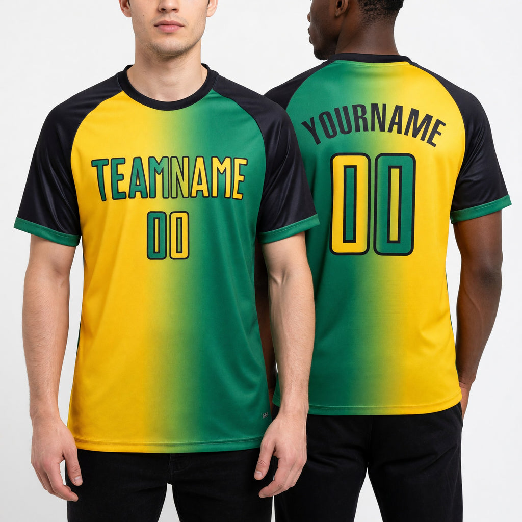 Custom Kelly Green Yellow-Black Sublimation Gradient Fashion Soccer Uniform Jersey worn front and back