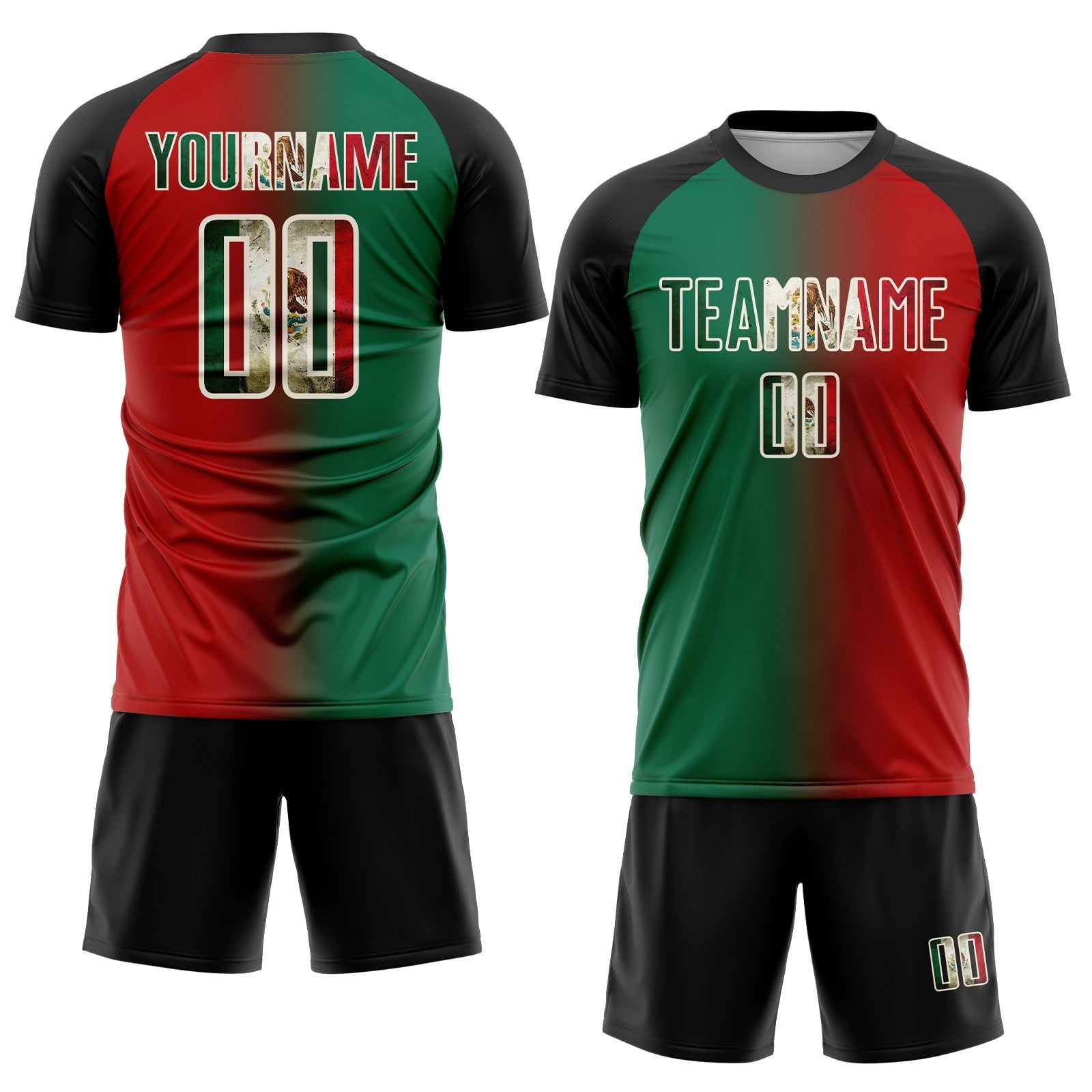 Custom Red Vintage Mexican Flag Kelly Green Black-Cream Sublimation Gradient Fashion Soccer Uniform Jersey photo 2