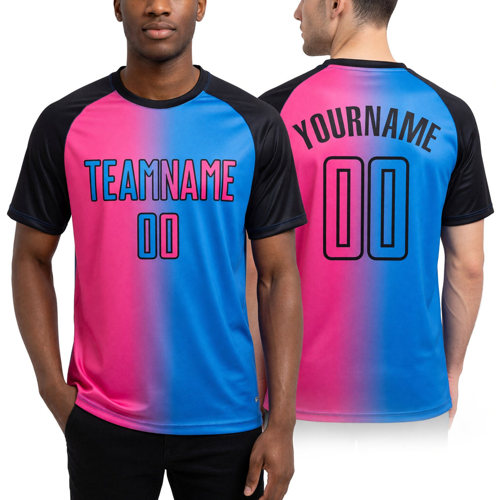 Custom Powder Blue Pink-Black Sublimation Gradient Fashion Soccer Uniform Jersey worn front and back