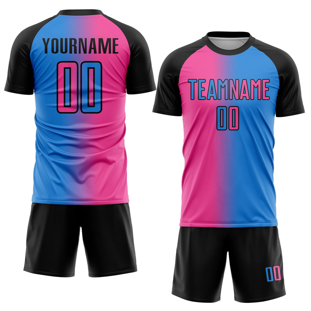 Custom Powder Blue Pink-Black Sublimation Gradient Fashion Soccer Uniform Jersey photo 2