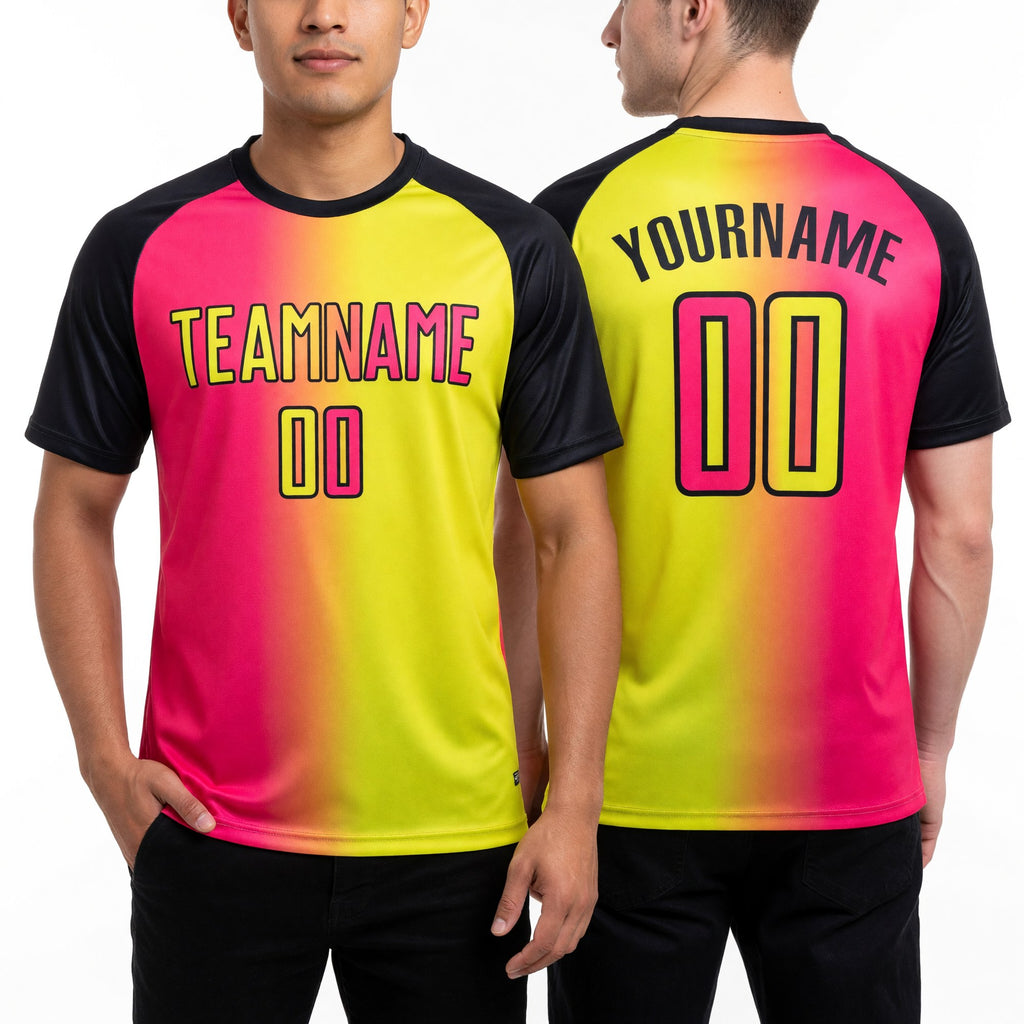 Custom Neon Yellow Neon Pink-Black Sublimation Gradient Fashion Soccer Uniform Jersey worn front and back
