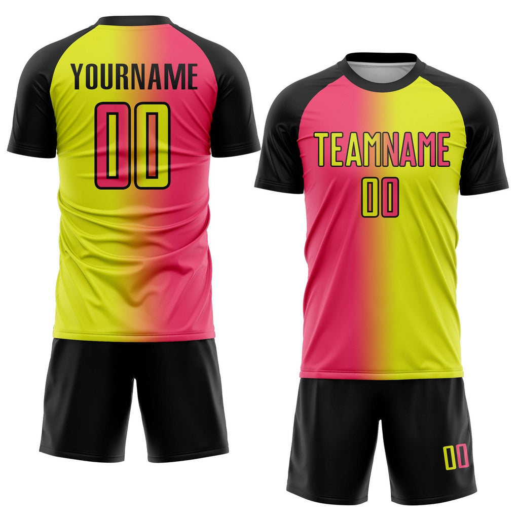 Custom Neon Yellow Neon Pink-Black Sublimation Gradient Fashion Soccer Uniform Jersey photo 2