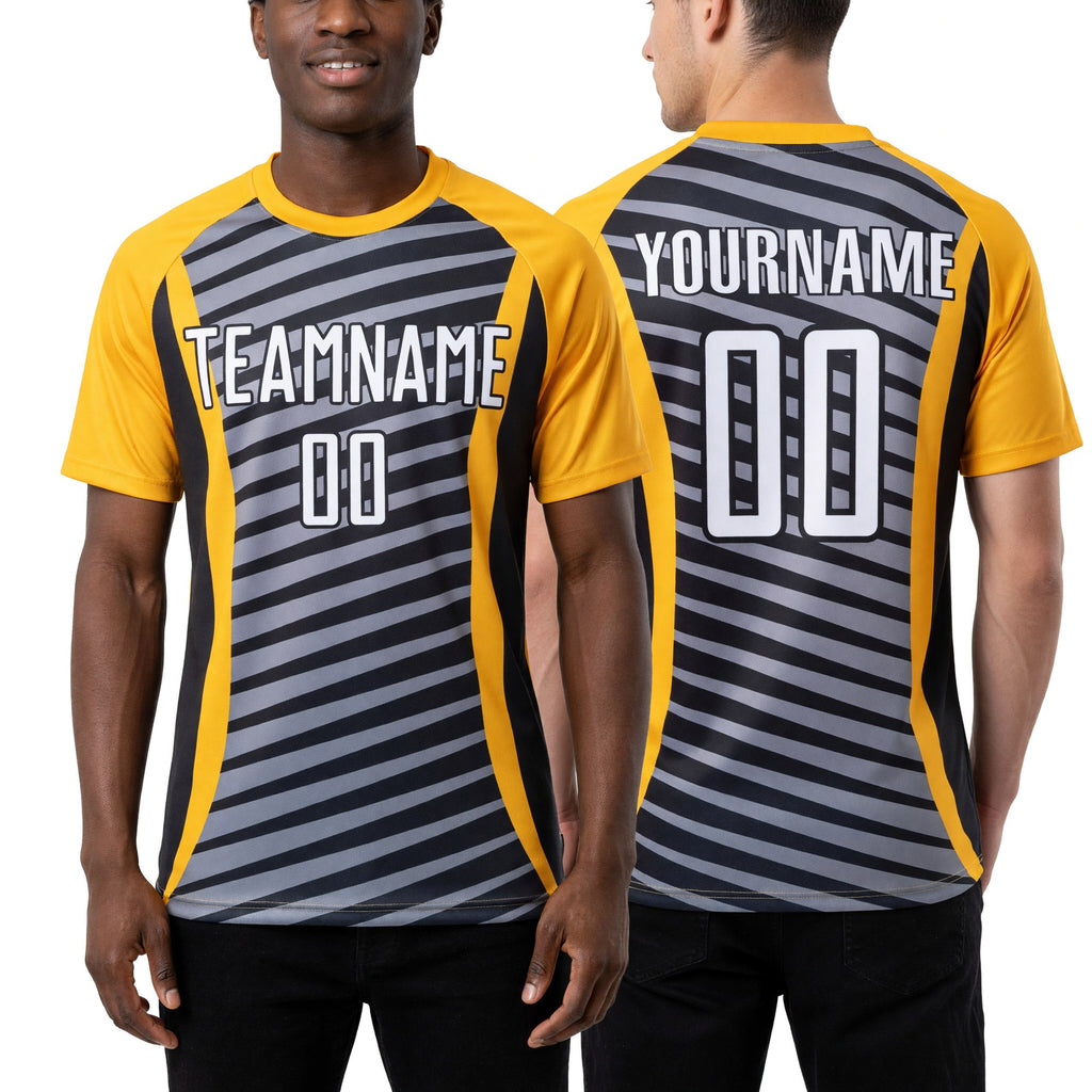 Custom Gold White-Black Stripe Line Sublimation Soccer Uniform Jersey worn front and back