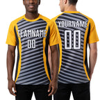 Custom Gold White-Black Stripe Line Sublimation Soccer Uniform Jersey worn front and back