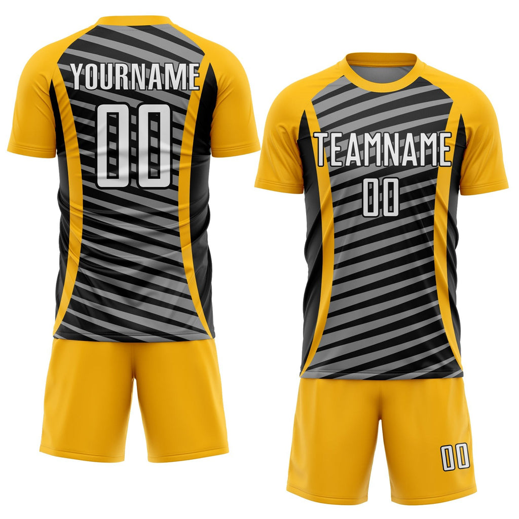 Custom Gold White-Black Stripe Line Sublimation Soccer Uniform Jersey photo 2