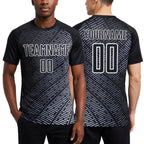 Custom Black White Stripe Line Sublimation Soccer Uniform Jersey worn front and back
