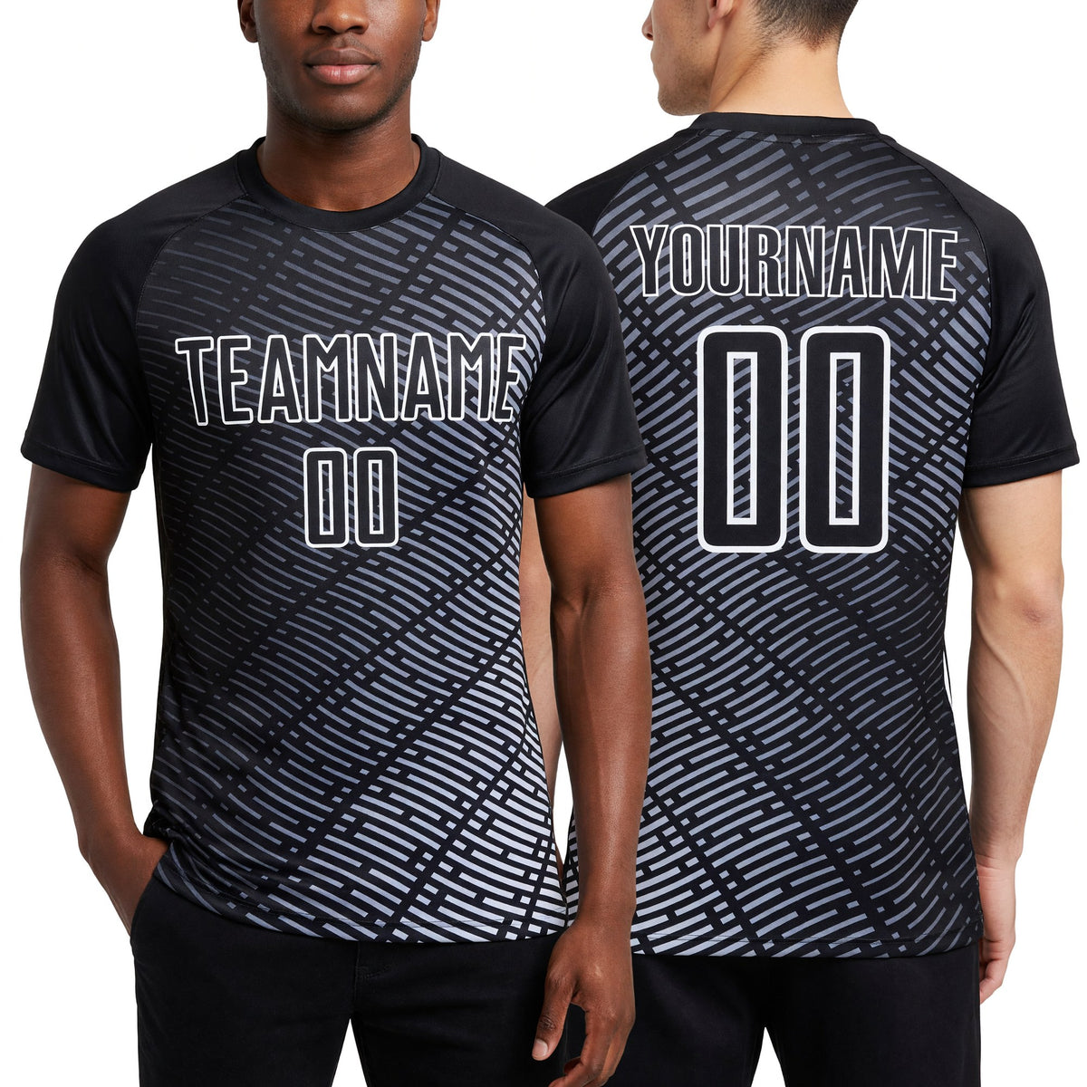 Custom Black White Stripe Line Sublimation Soccer Uniform Jersey worn front and back
