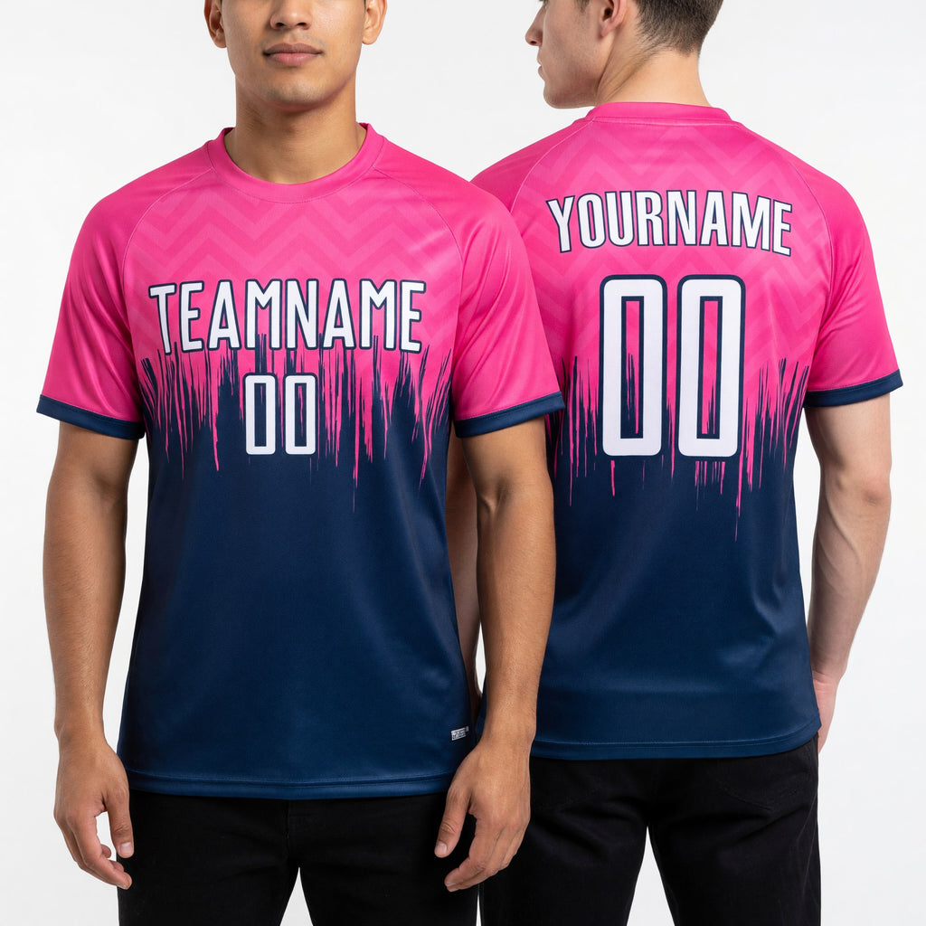 Custom Pink White-Navy Gradient Dripping Splatter Art Sublimation Soccer Uniform Jersey worn front and back