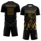 Custom Black Old Gold Splash Sublimation Soccer Uniform Jersey photo 2