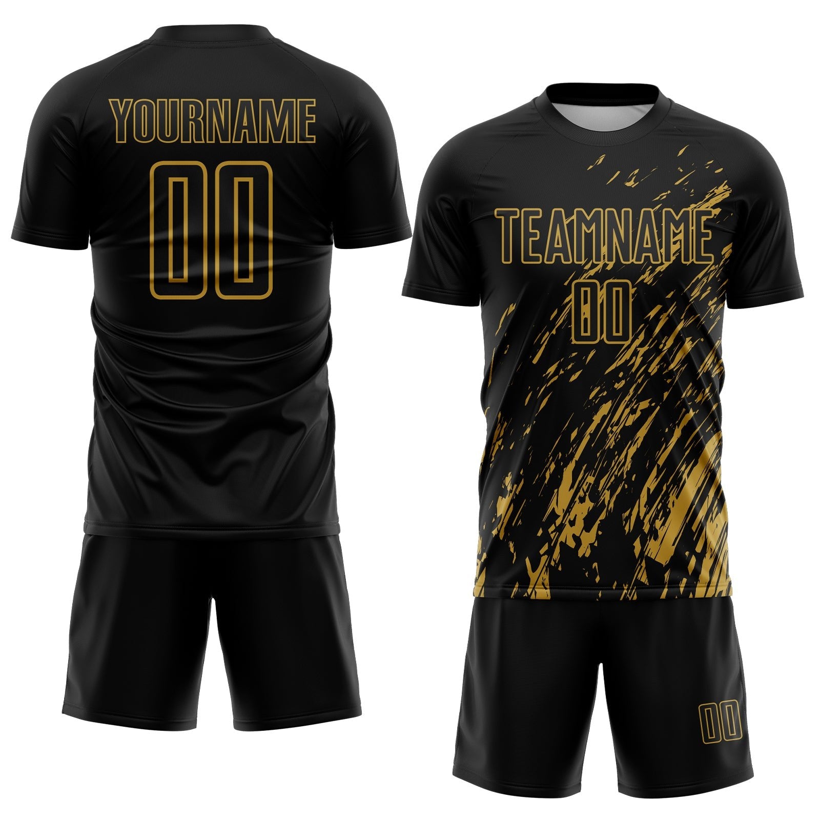 Custom Black Old Gold Splash Sublimation Soccer Uniform Jersey photo 2
