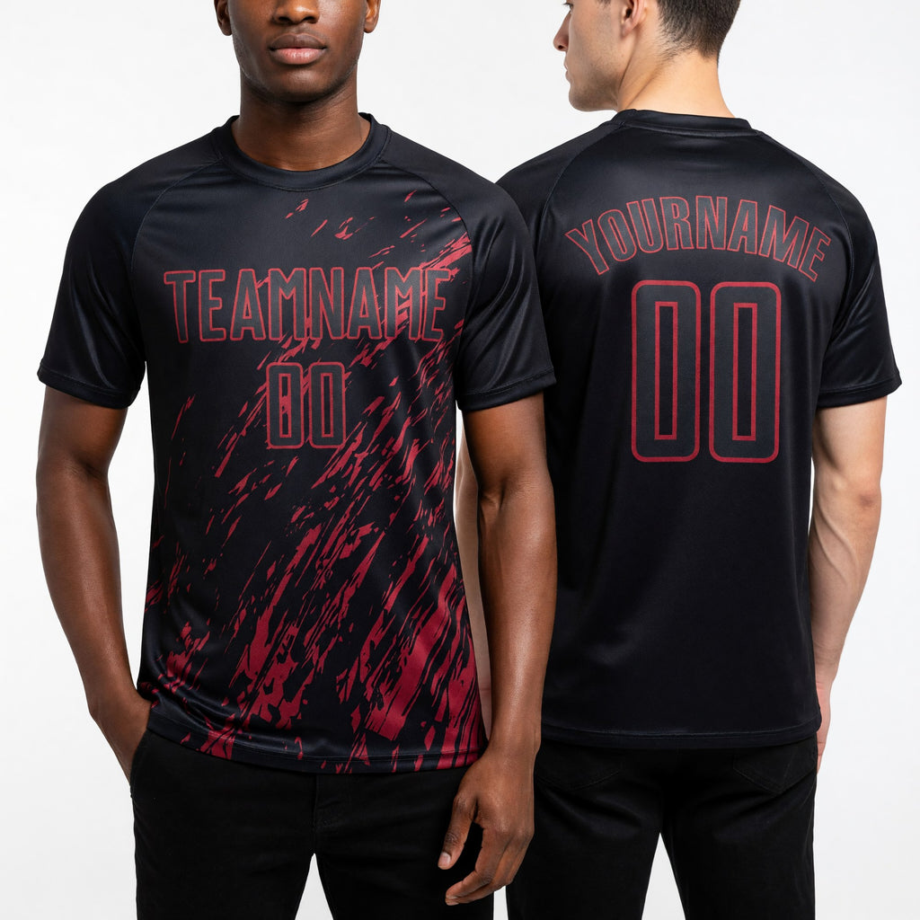 Custom Black Crimson Splash Sublimation Soccer Uniform Jersey worn front and back