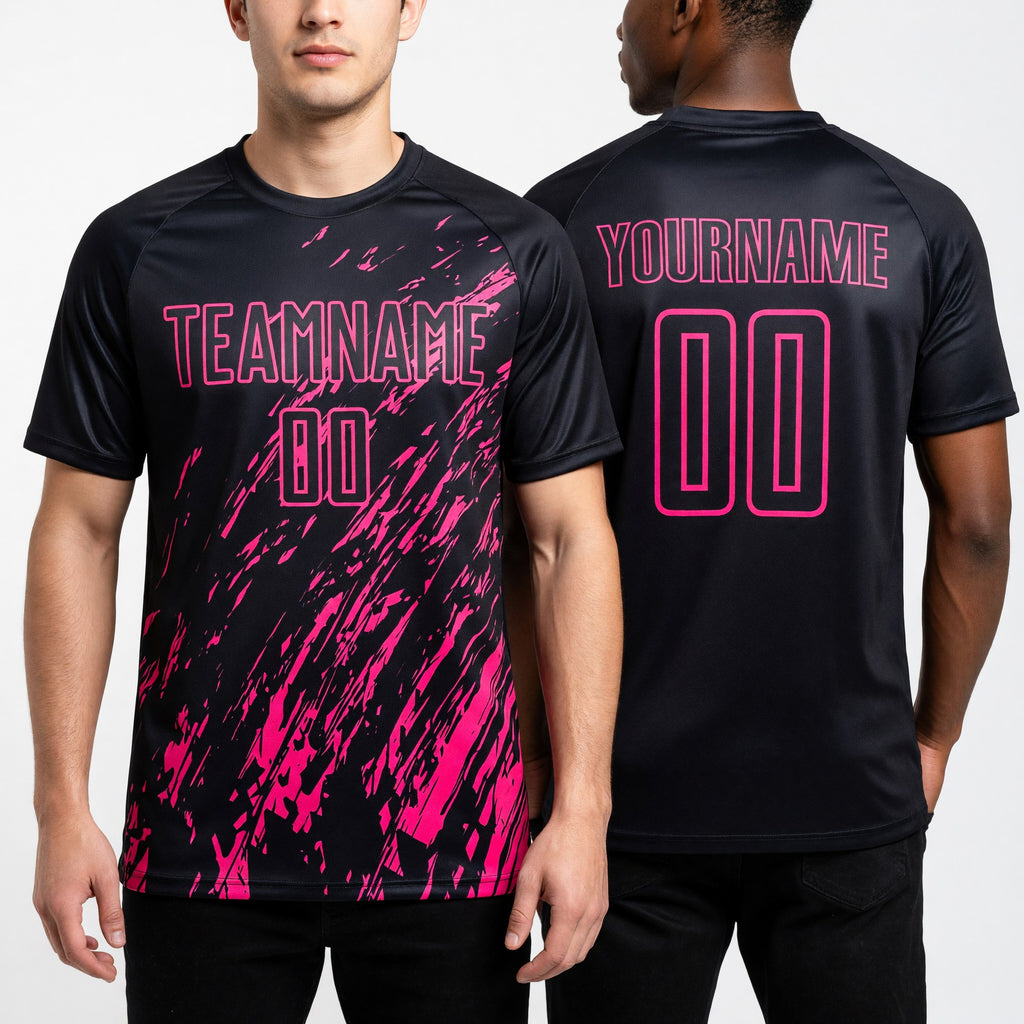 Custom Black Neon Pink Splash Sublimation Soccer Uniform Jersey worn front and back