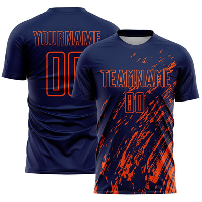 Custom Navy Splash Sublimated Soccer Jersey with Orange Lettering