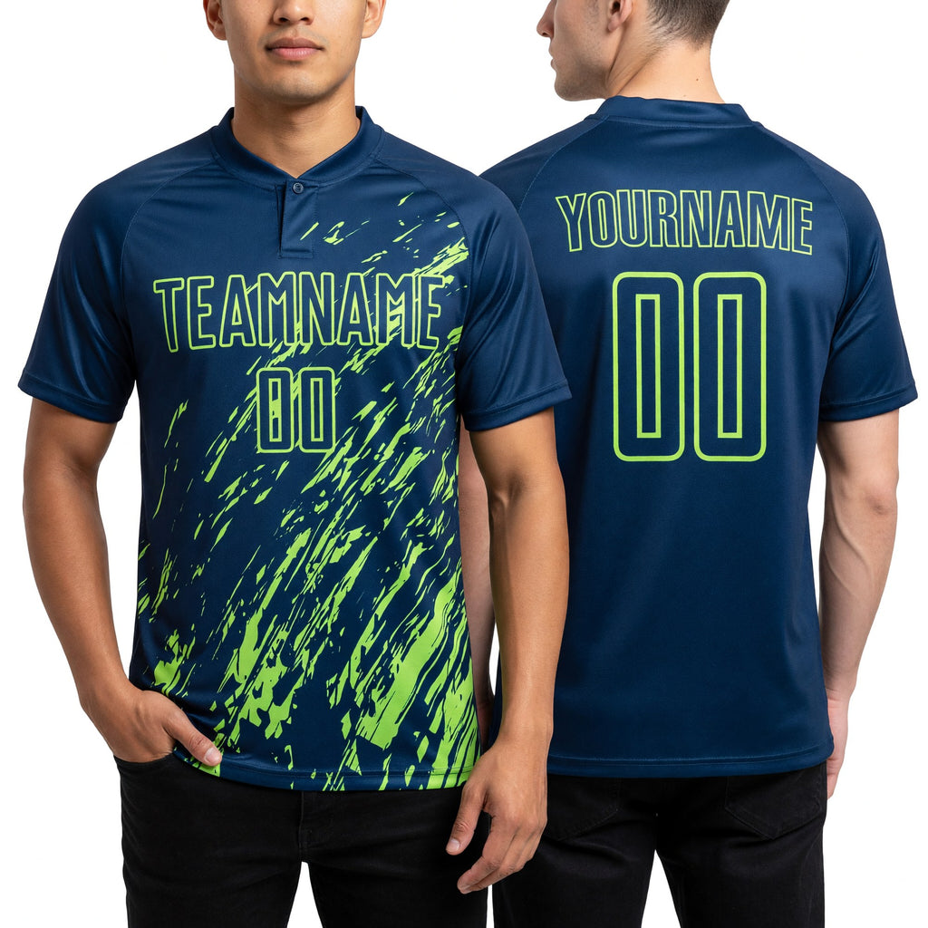 Custom Navy Neon Green Splash Sublimation Soccer Uniform Jersey worn front and back