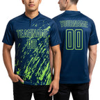 Custom Navy Neon Green Splash Sublimation Soccer Uniform Jersey worn front and back