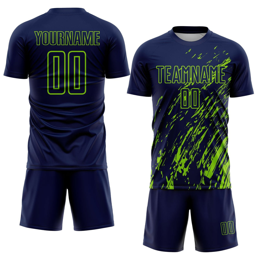 Custom Navy Neon Green Splash Sublimation Soccer Uniform Jersey photo 2