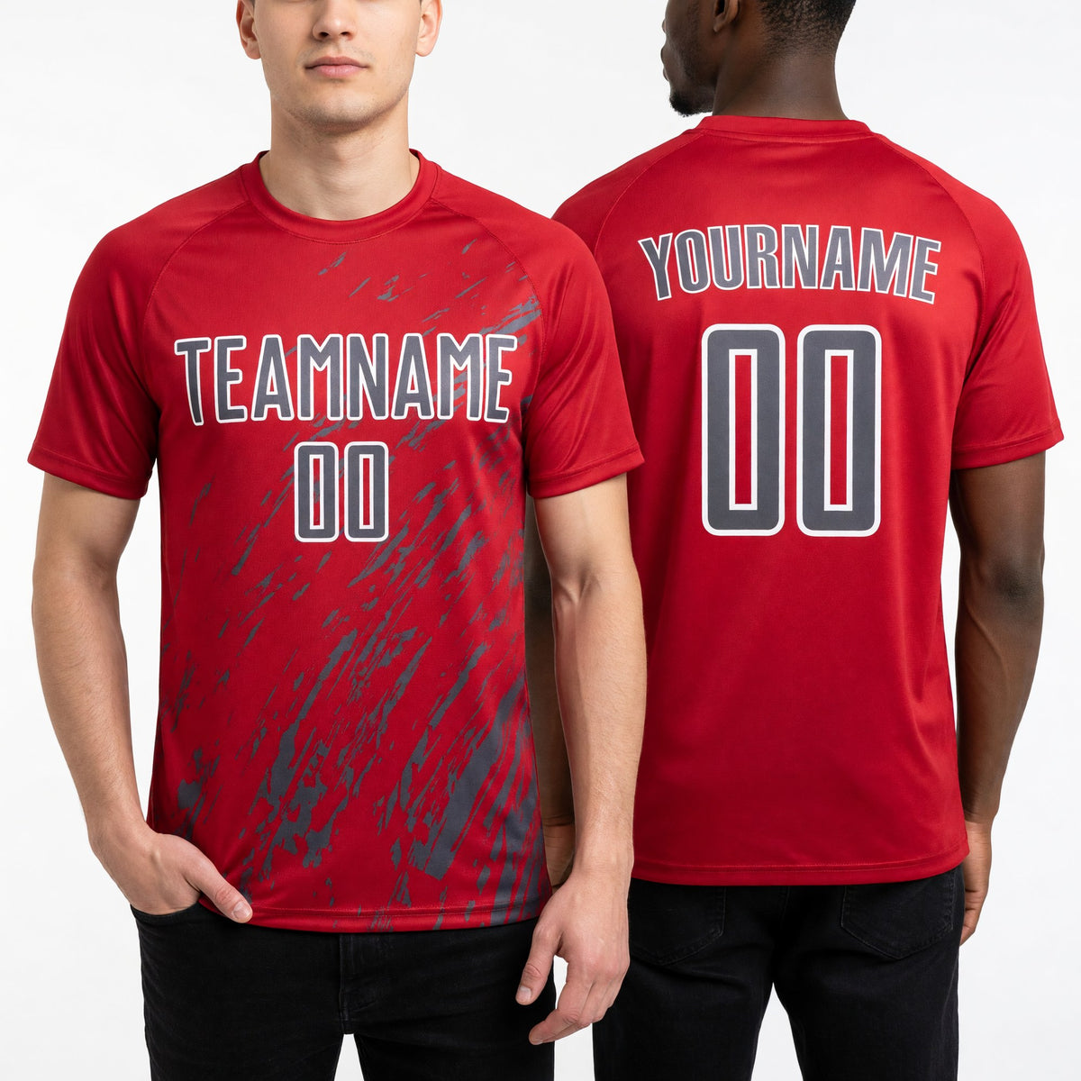 Custom Red Steel Gray-White Splash Sublimation Soccer Uniform Jersey worn front and back