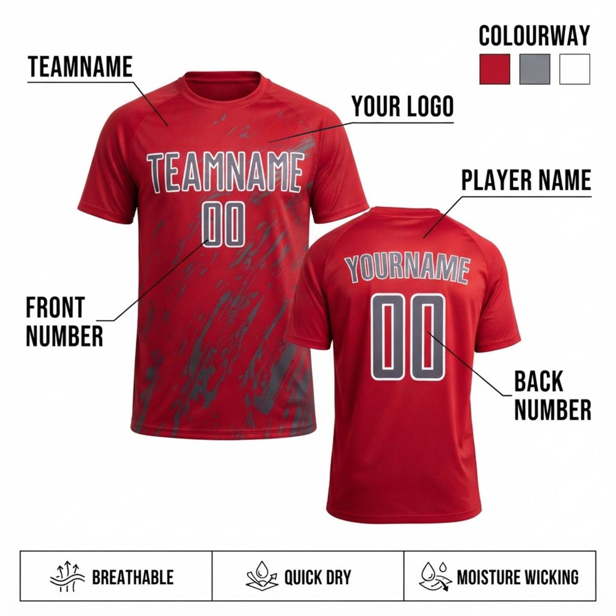 Custom Red Splash Sublimated Soccer Jersey with Steel Gray and White Lettering customization guide