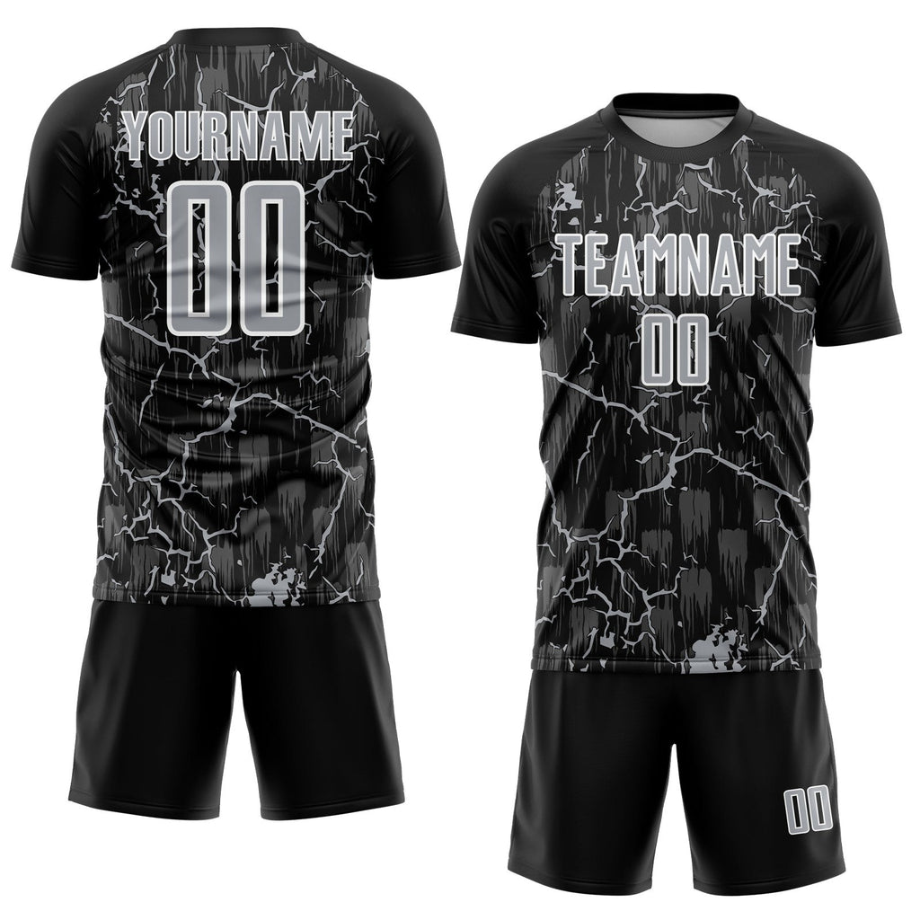 Custom Black Gray-White Lightning Sublimation Soccer Uniform Jersey photo 2
