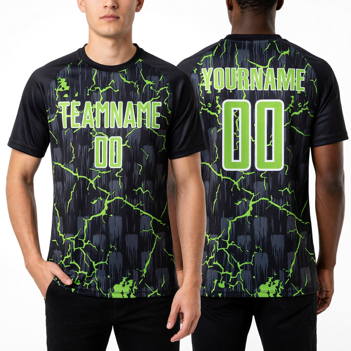 Custom Black Neon Green-White Lightning Sublimation Soccer Uniform Jersey worn front and back