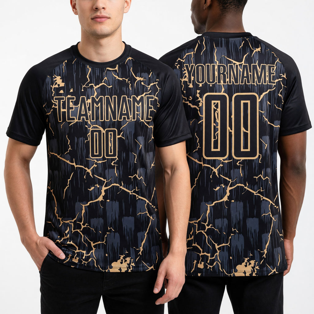 Custom Black Vegas Gold Lightning Sublimation Soccer Uniform Jersey worn front and back