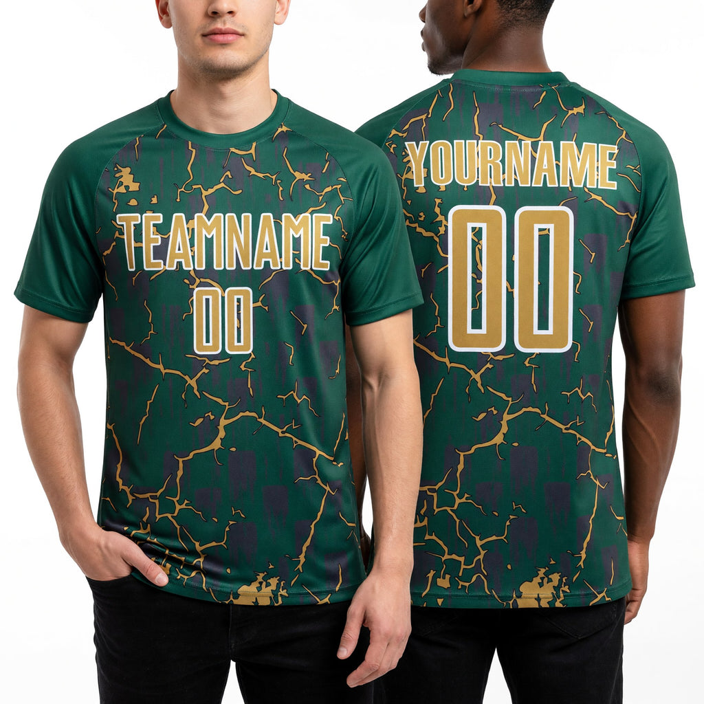 Custom Kelly Green Old Gold-White Lightning Sublimation Soccer Uniform Jersey worn front and back