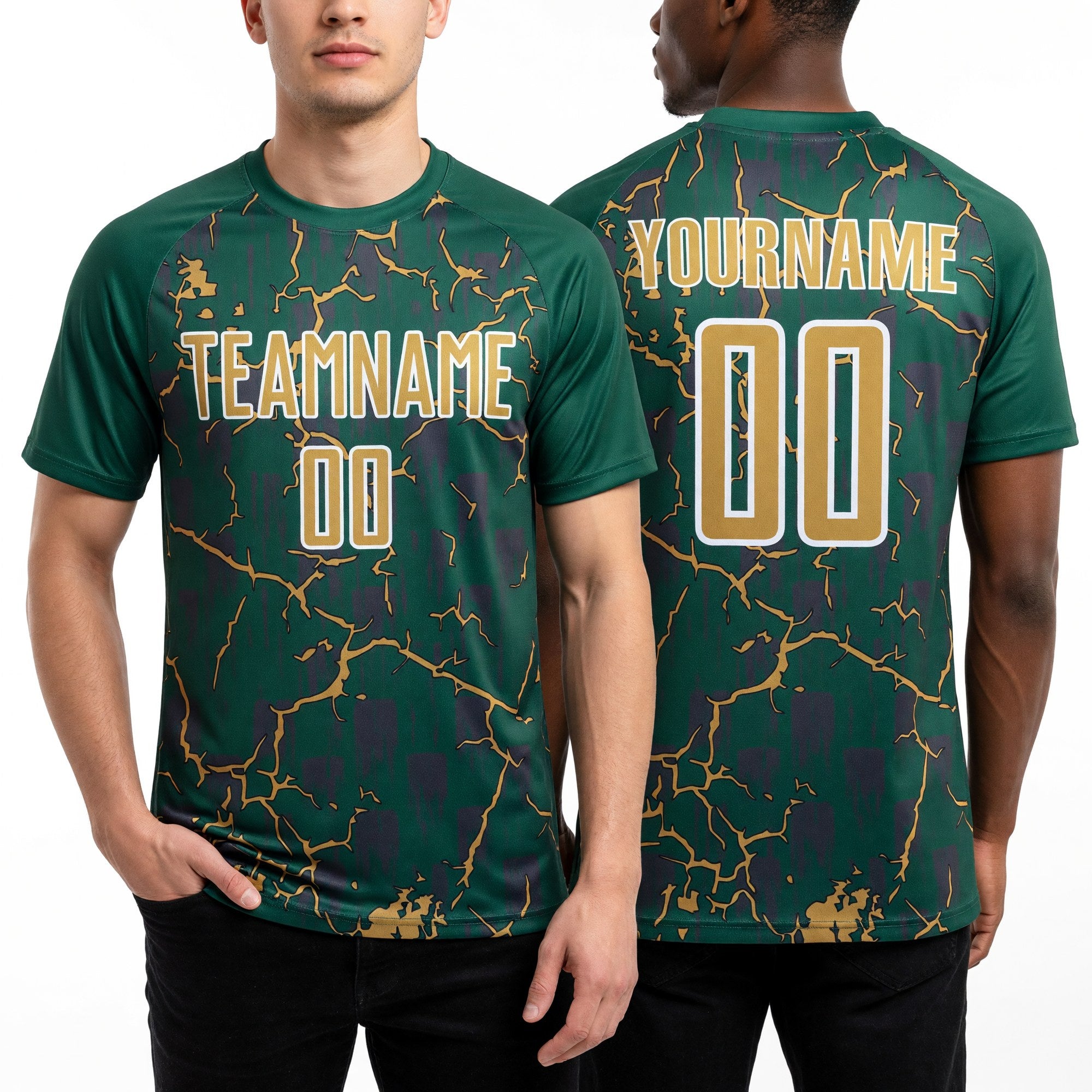 Custom Kelly Green Old Gold-White Lightning Sublimation Soccer Uniform Jersey worn front and back
