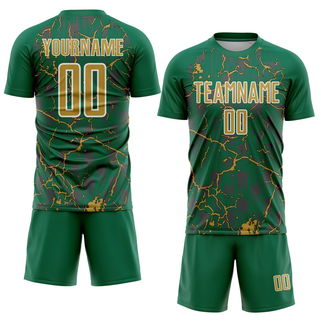 Custom Kelly Green Old Gold-White Lightning Sublimation Soccer Uniform Jersey photo 2