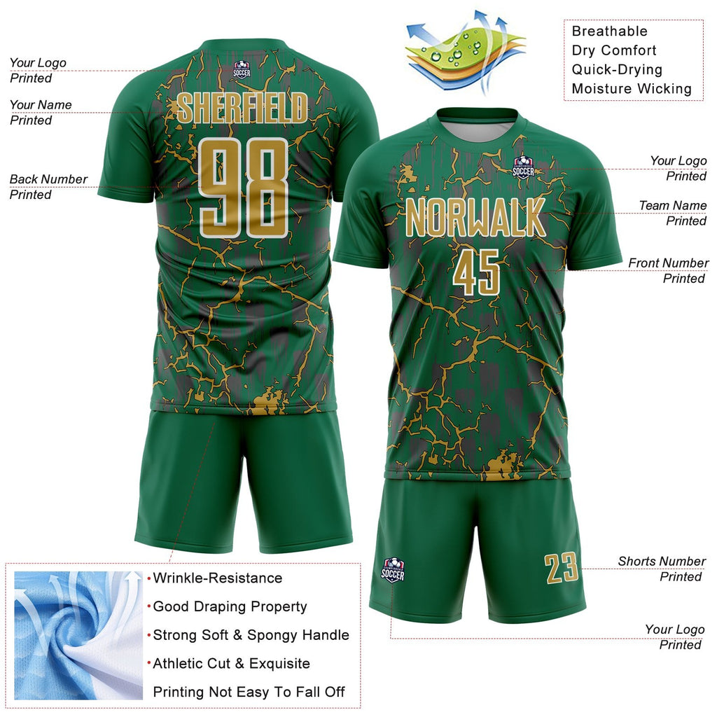 Custom Kelly Green Old Gold-White Lightning Sublimation Soccer Uniform Jersey photo 4