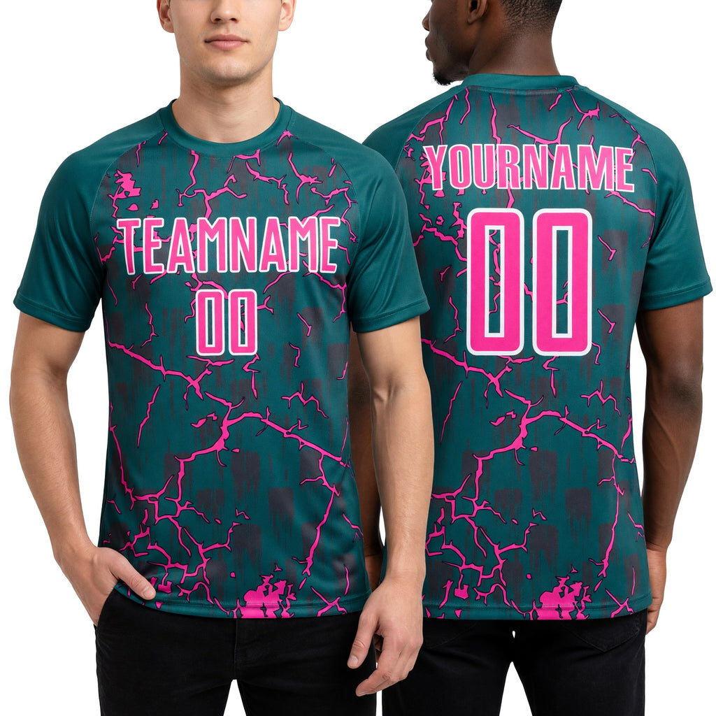 Custom Teal Pink-White Lightning Sublimation Soccer Uniform Jersey worn front and back