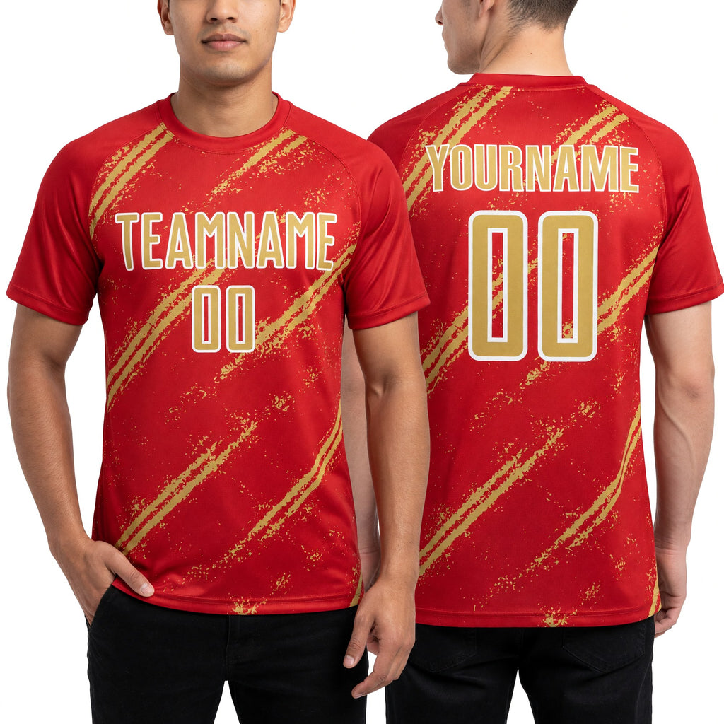 Custom Red Old Gold-White Abstract Fragment Art Splash Sublimation Soccer Uniform Jersey worn front and back