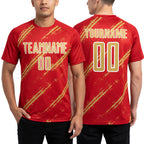 Custom Red Old Gold-White Abstract Fragment Art Splash Sublimation Soccer Uniform Jersey worn front and back
