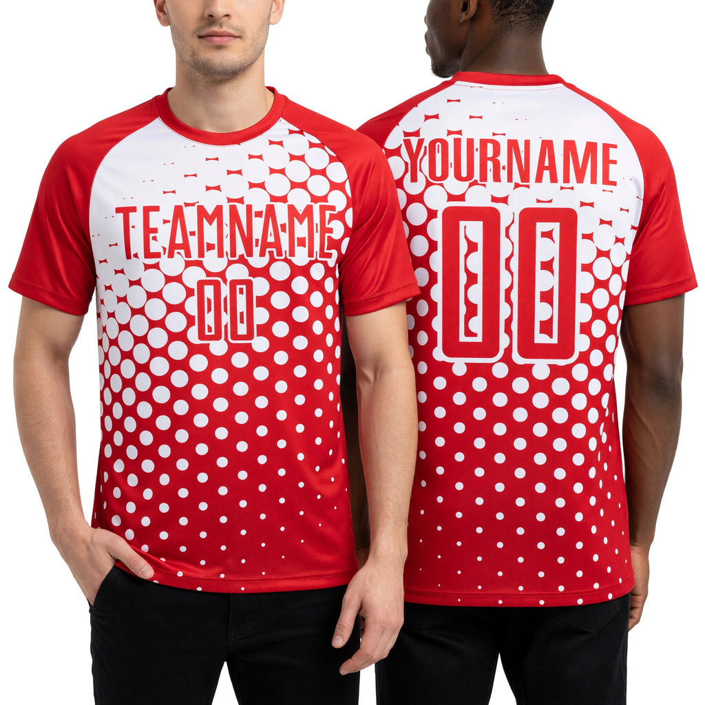 Custom Red White Modern Polka Dot Sublimation Soccer Uniform Jersey worn front and back