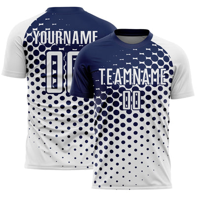 Custom White Modern Polka Dot Sublimated Soccer Jersey with Navy Lettering