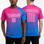 Custom Powder Blue Pink-White Modern Polka Dot Sublimation Soccer Uniform Jersey worn front and back