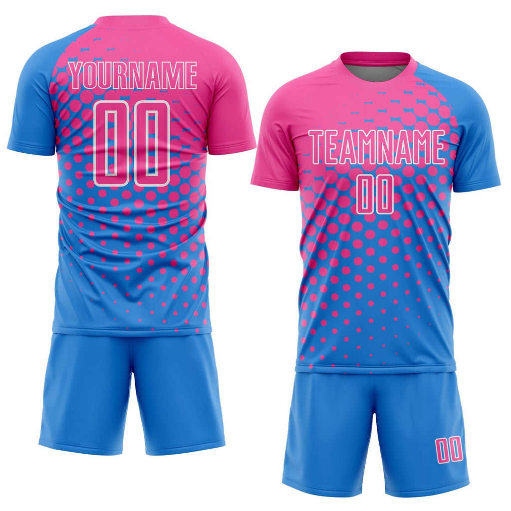 Custom Powder Blue Pink-White Modern Polka Dot Sublimation Soccer Uniform Jersey photo 2