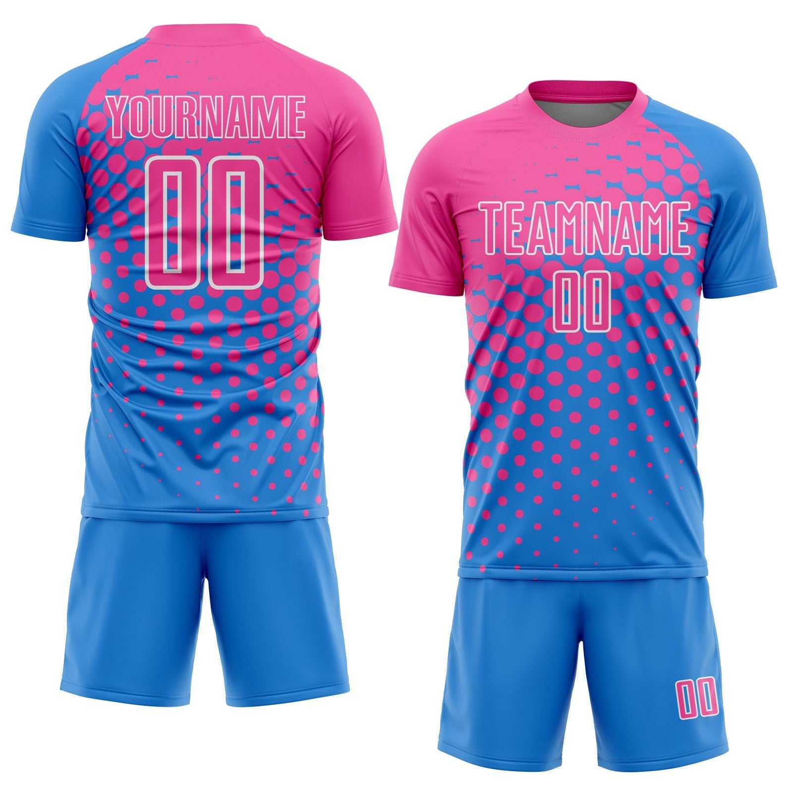 Custom Powder Blue Pink-White Modern Polka Dot Sublimation Soccer Uniform Jersey photo 2