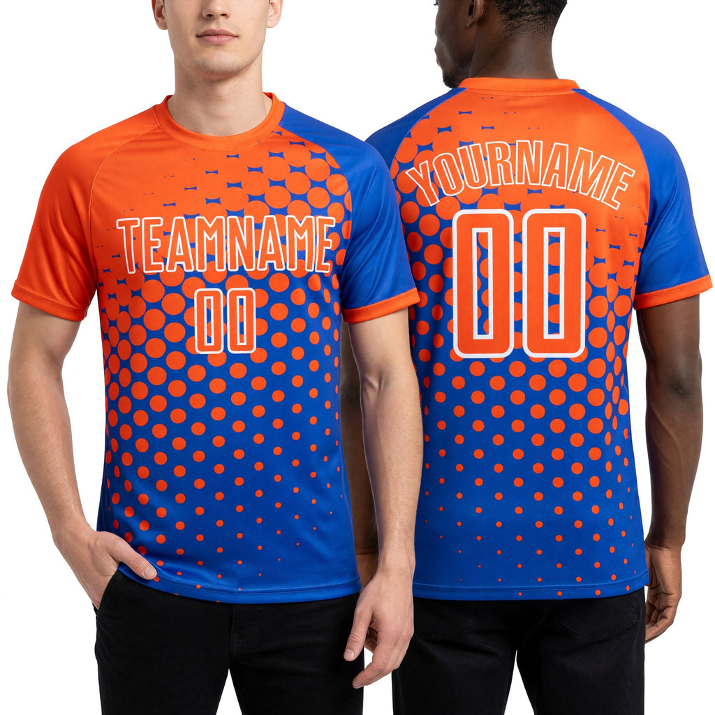 Custom Thunder Blue Orange-White Modern Polka Dot Sublimation Soccer Uniform Jersey worn front and back