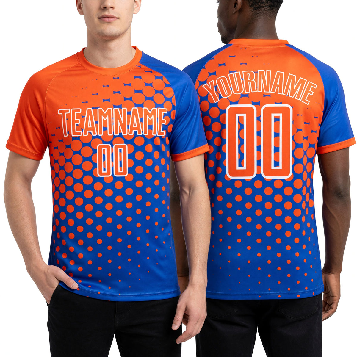 Custom Thunder Blue Orange-White Modern Polka Dot Sublimation Soccer Uniform Jersey worn front and back