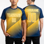 Custom Navy Gold-White Line Sublimation Soccer Uniform Jersey worn front and back