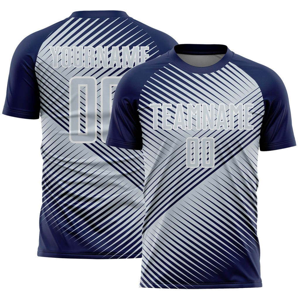 Custom Navy Silver-White Line Sublimation Soccer Uniform Jersey