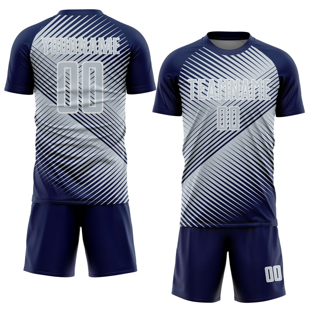 Custom Navy Silver-White Line Sublimation Soccer Uniform Jersey photo 2