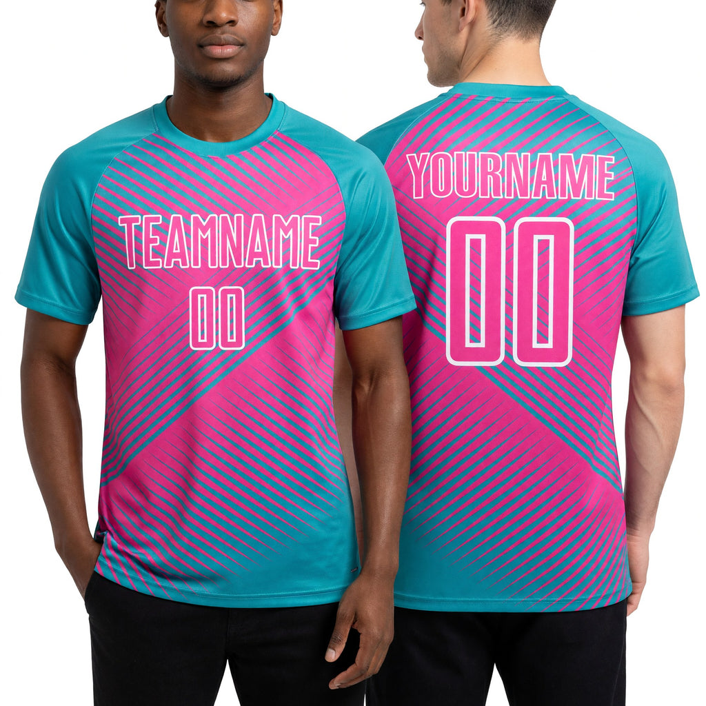 Custom Aqua Pink-White Line Sublimation Soccer Uniform Jersey worn front and back