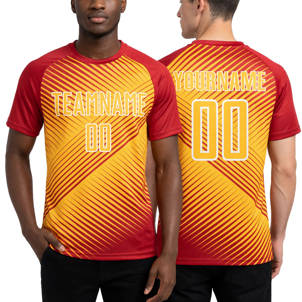 Custom Red Gold-White Line Sublimation Soccer Uniform Jersey worn front and back