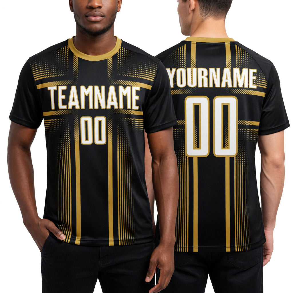 Custom Black White-Old Gold Lines Sublimation Soccer Uniform Jersey worn front and back