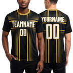 Custom Black White-Old Gold Lines Sublimation Soccer Uniform Jersey worn front and back